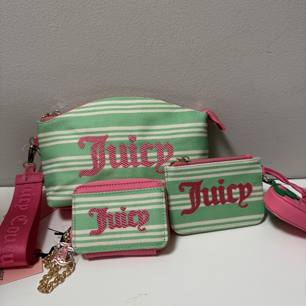 Juicy Couture Green Pink Stripe Matching Set Wallet Wristlet Pouch NEW Y2K